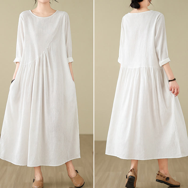 Nimara Ritual Plain Jacquard Flower Irregular Long Sleeve Cotton Linen Midi Dress With Pockets