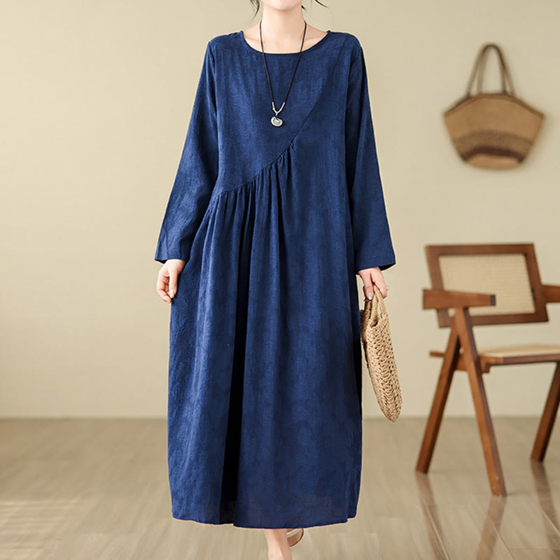 Nimara Ritual Plain Jacquard Flower Irregular Long Sleeve Cotton Linen Midi Dress With Pockets