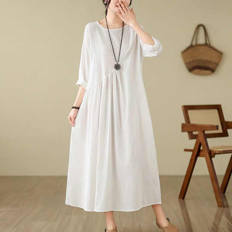 Nimara Ritual Plain Jacquard Flower Irregular Long Sleeve Cotton Linen Midi Dress With Pockets