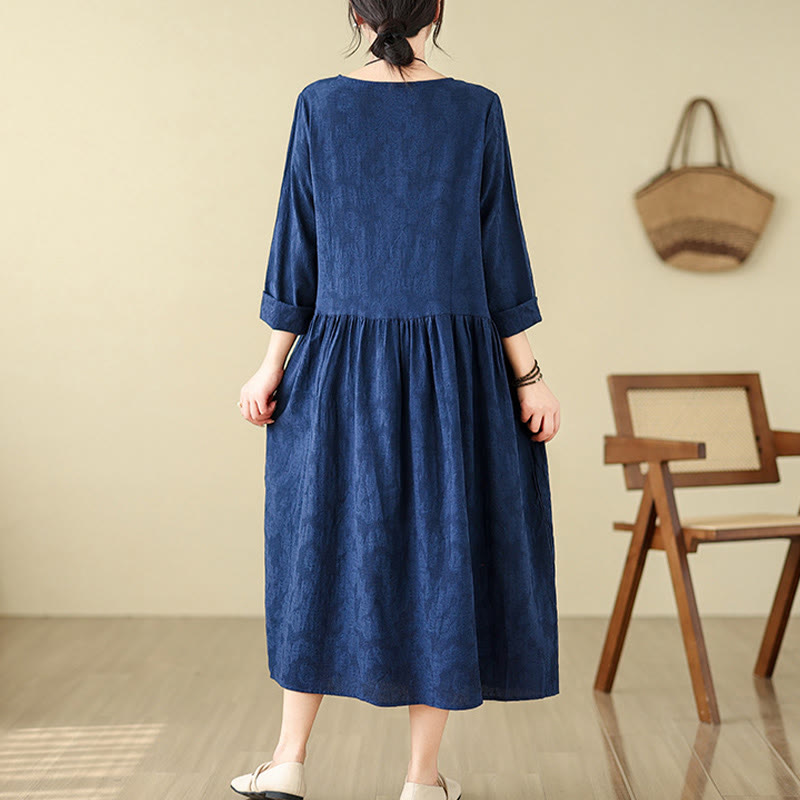 Nimara Ritual Plain Jacquard Flower Irregular Long Sleeve Cotton Linen Midi Dress With Pockets