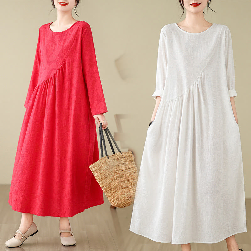 Nimara Ritual Plain Jacquard Flower Irregular Long Sleeve Cotton Linen Midi Dress With Pockets