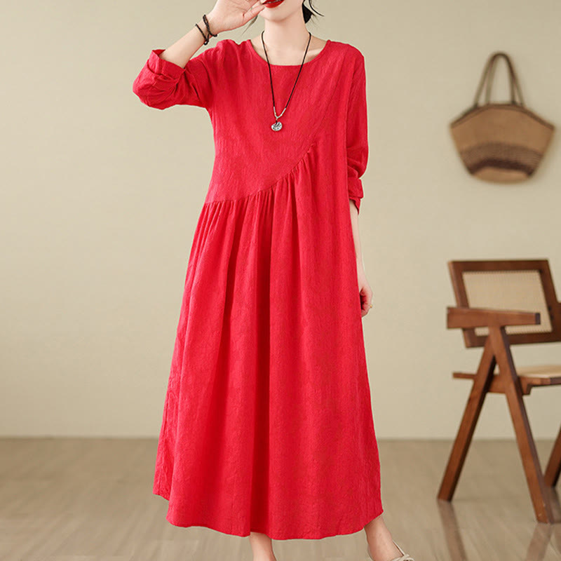 Nimara Ritual Plain Jacquard Flower Irregular Long Sleeve Cotton Linen Midi Dress With Pockets