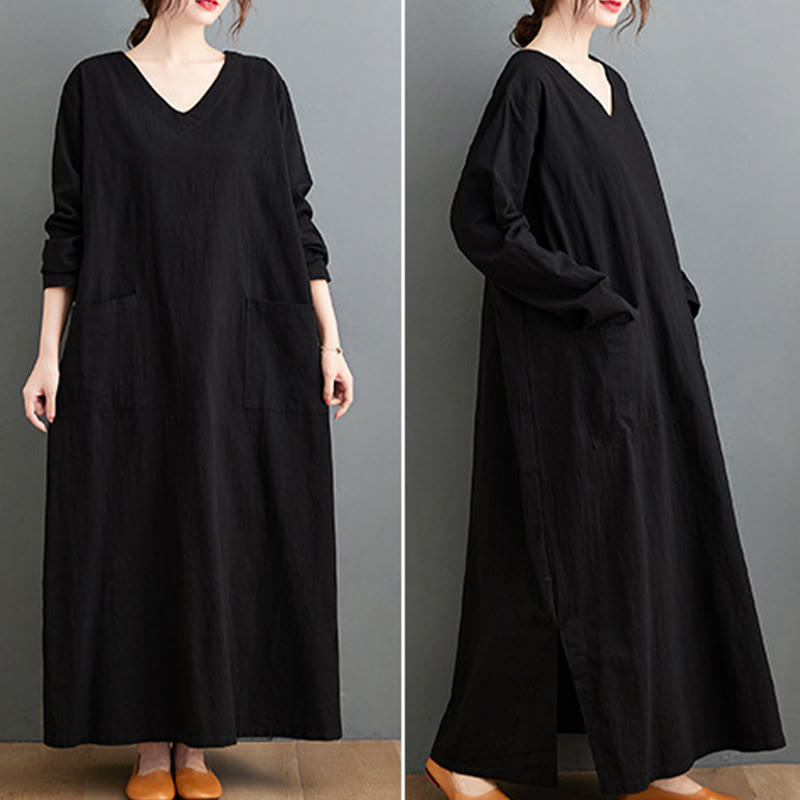 Nimara Ritual Fall Casual Simple Design Long Sleeve Cotton Linen Maxi Dress With Pockets