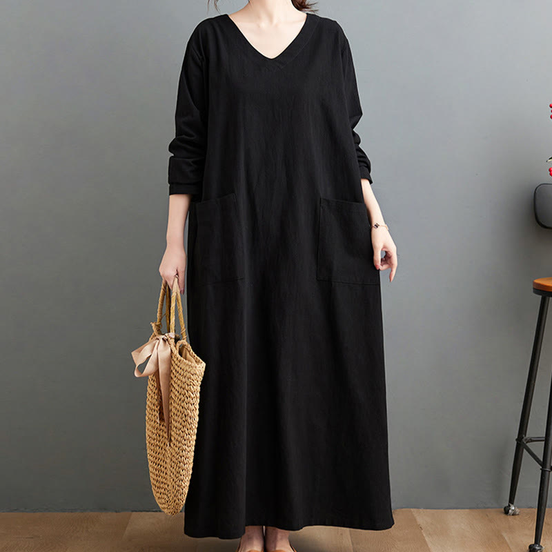 Nimara Ritual Fall Casual Simple Design Long Sleeve Cotton Linen Maxi Dress With Pockets