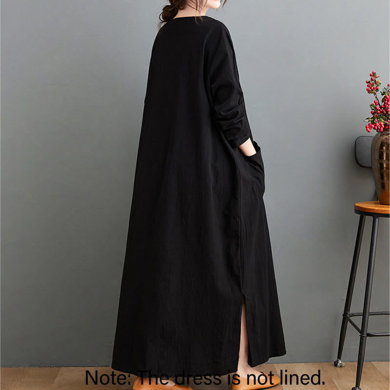 Nimara Ritual Fall Casual Simple Design Long Sleeve Cotton Linen Maxi Dress With Pockets