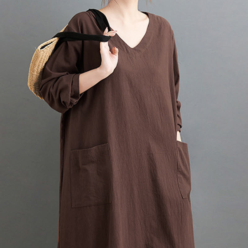 Nimara Ritual Fall Casual Simple Design Long Sleeve Cotton Linen Maxi Dress With Pockets
