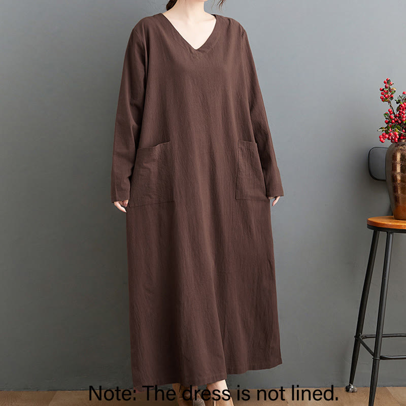 Nimara Ritual Fall Casual Simple Design Long Sleeve Cotton Linen Maxi Dress With Pockets