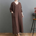 Nimara Ritual Fall Casual Simple Design Long Sleeve Cotton Linen Maxi Dress With Pockets