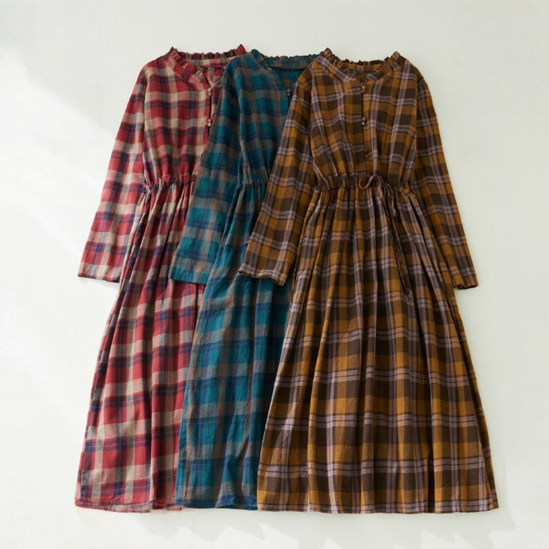 Nimara Ritual Plaid Ruffled V-Neck Long Sleeve Drawstring Cotton Linen Midi Dress With Pockets