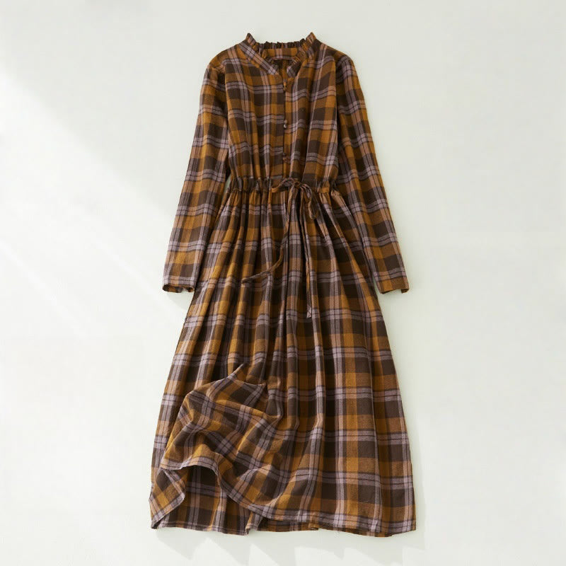 Nimara Ritual Plaid Ruffled V-Neck Long Sleeve Drawstring Cotton Linen Midi Dress With Pockets