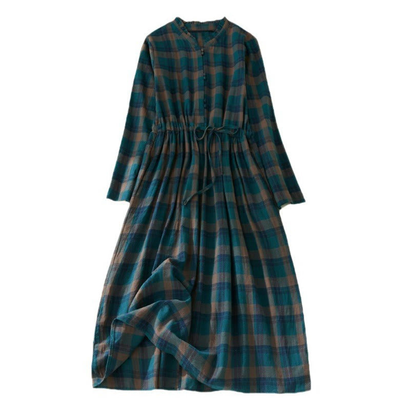 Nimara Ritual Plaid Ruffled V-Neck Long Sleeve Drawstring Cotton Linen Midi Dress With Pockets