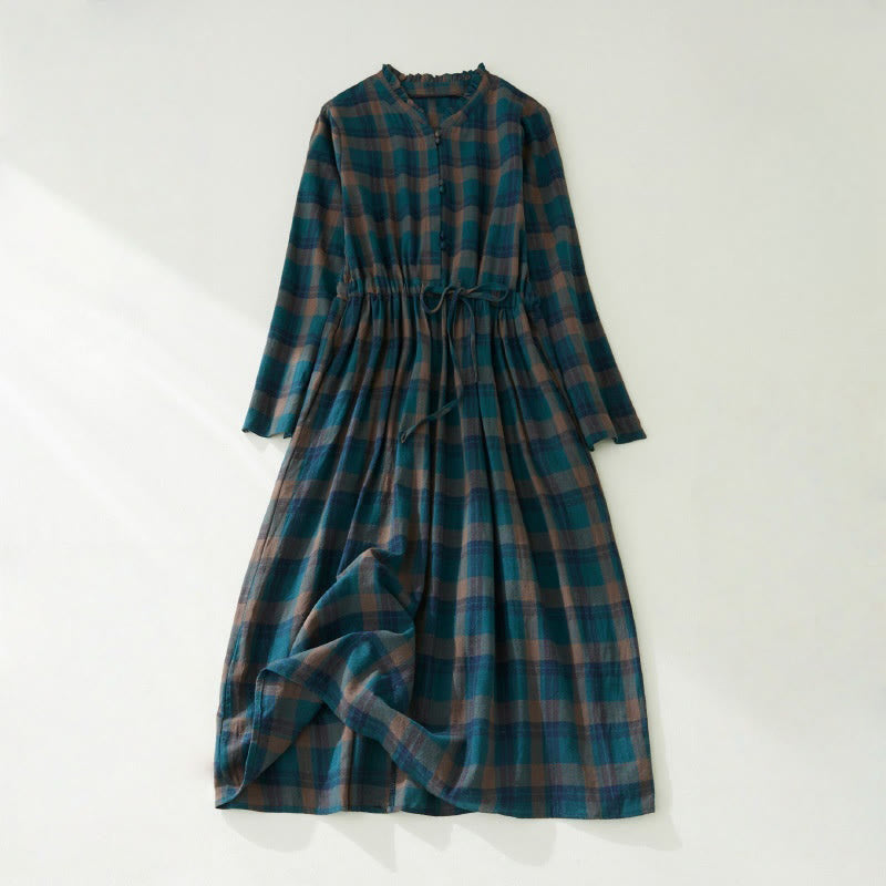 Nimara Ritual Plaid Ruffled V-Neck Long Sleeve Drawstring Cotton Linen Midi Dress With Pockets