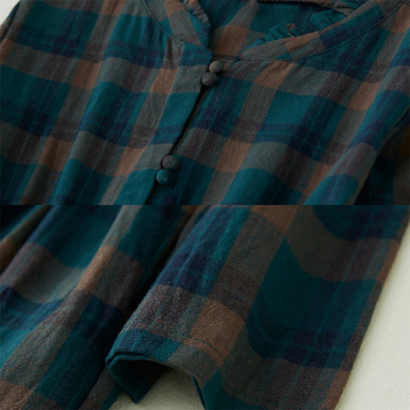 Nimara Ritual Plaid Ruffled V-Neck Long Sleeve Drawstring Cotton Linen Midi Dress With Pockets