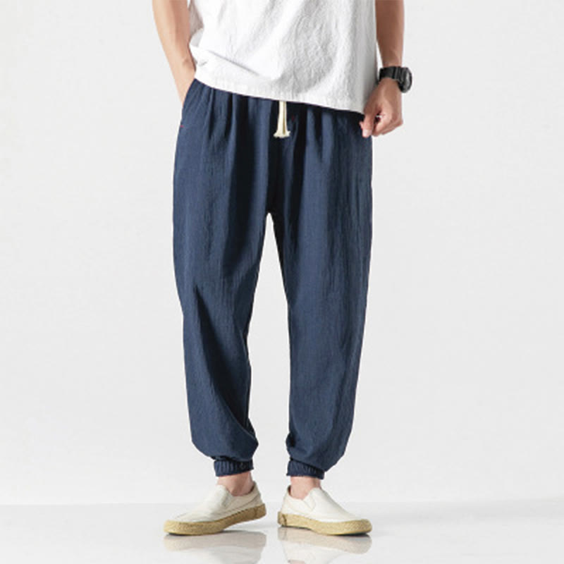 Nimara Ritual Simple Drawstring Design Linen Men's Pants With Pockets