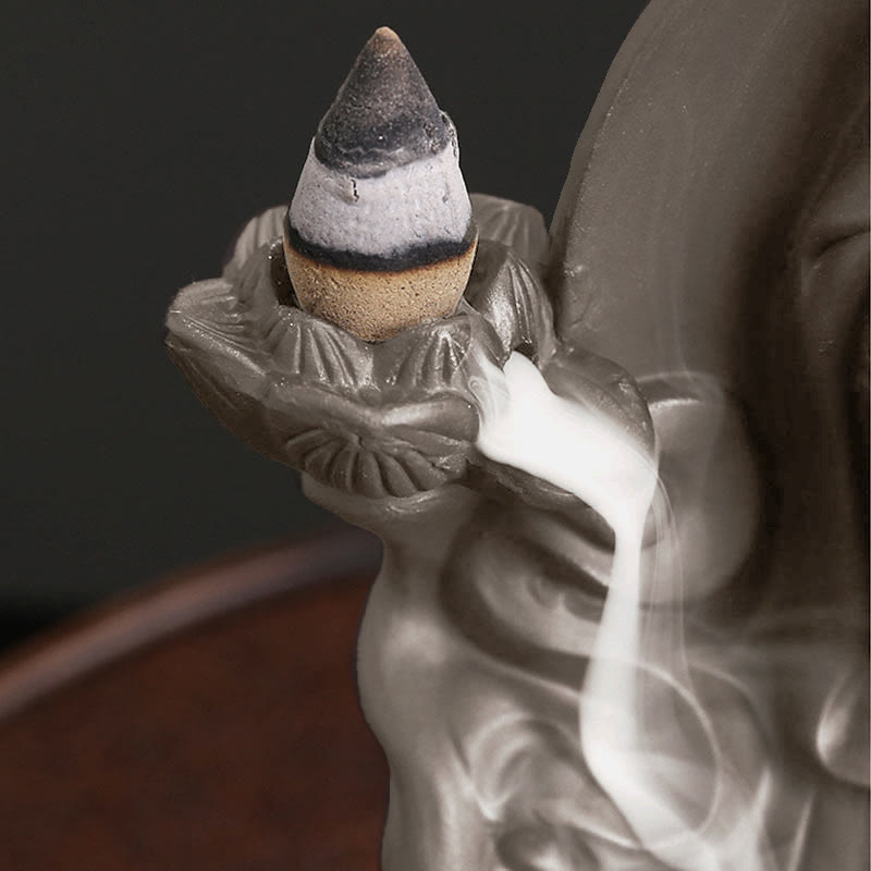 Nimara Ritual Tibetan Avalokitesvara Buddha Lotus Healing Backflow Smoke Fountain Incense Burner