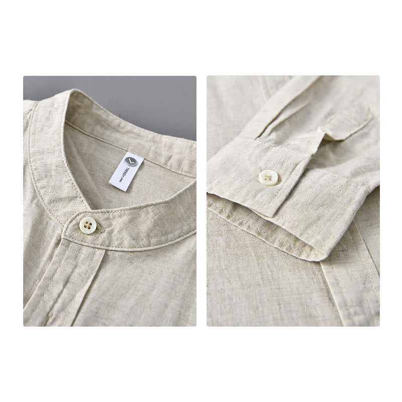 Nimara Ritual Men's Long Sleeve Stand Collar With Pocket Pure Color Casual Cotton Linen Shirt