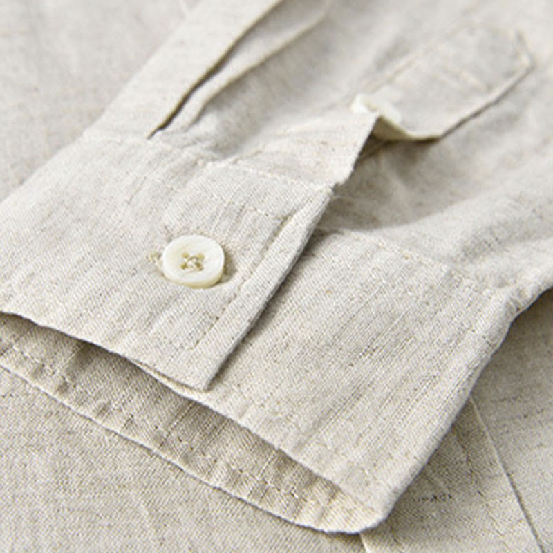 Nimara Ritual Men's Long Sleeve Stand Collar With Pocket Pure Color Casual Cotton Linen Shirt