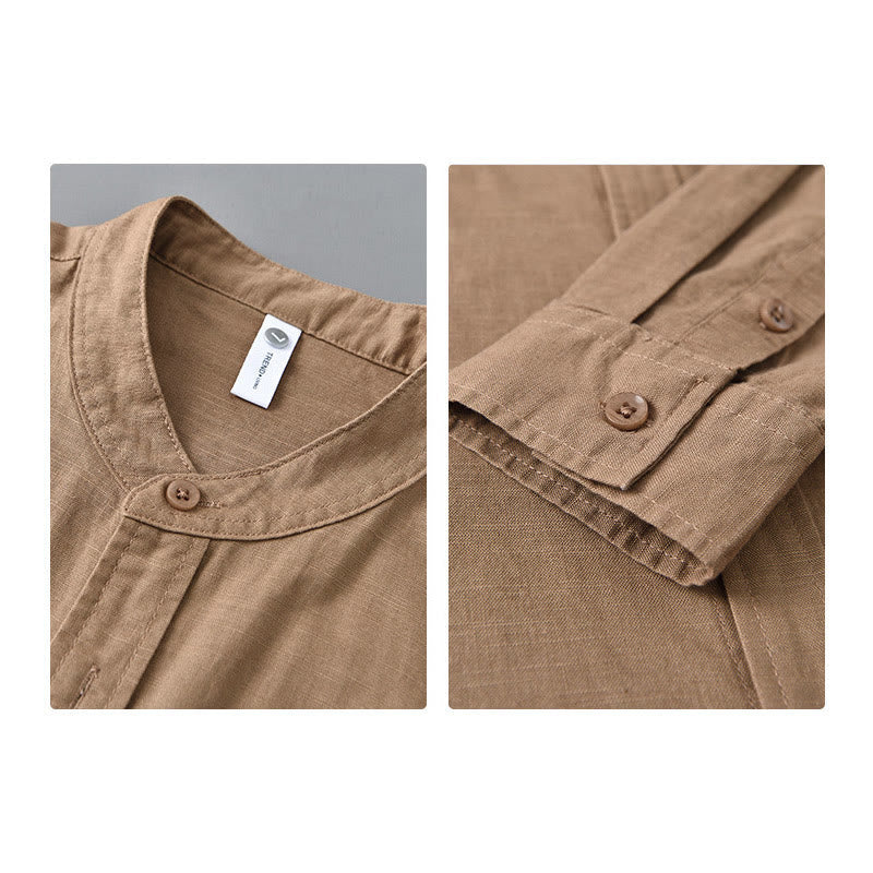 Nimara Ritual Men's Long Sleeve Stand Collar With Pocket Pure Color Casual Cotton Linen Shirt