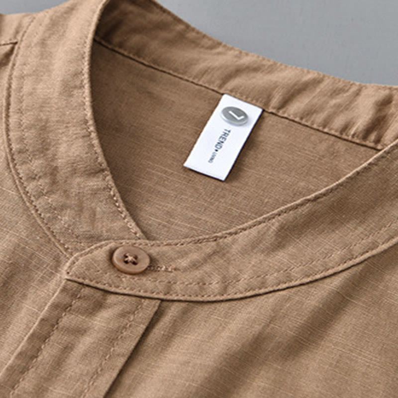 Nimara Ritual Men's Long Sleeve Stand Collar With Pocket Pure Color Casual Cotton Linen Shirt