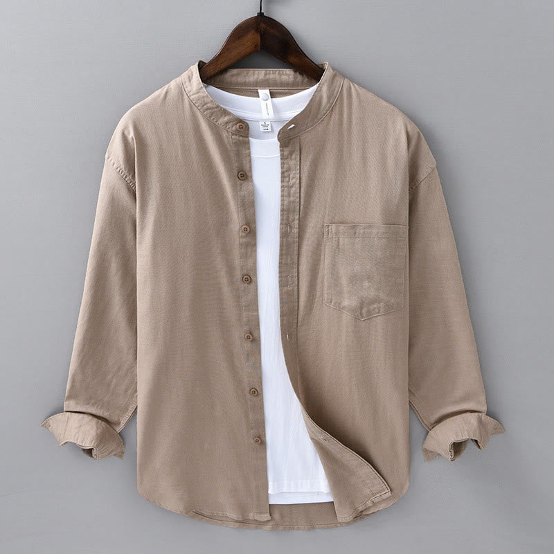 Nimara Ritual Men's Long Sleeve Stand Collar With Pocket Pure Color Casual Cotton Linen Shirt