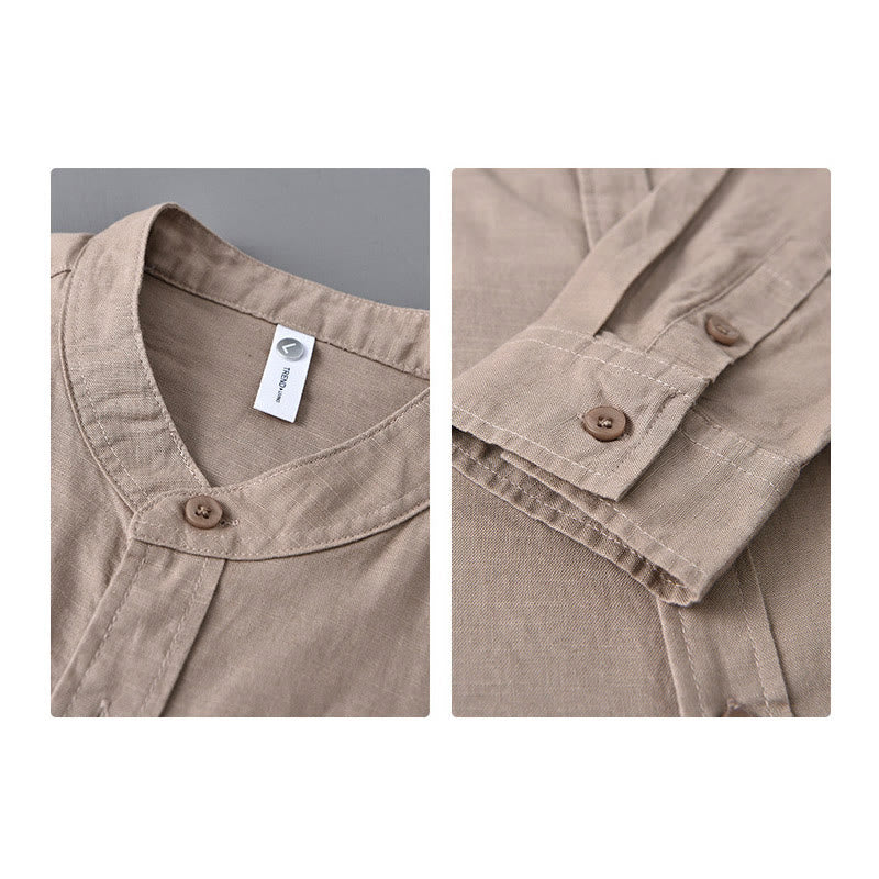 Nimara Ritual Men's Long Sleeve Stand Collar With Pocket Pure Color Casual Cotton Linen Shirt