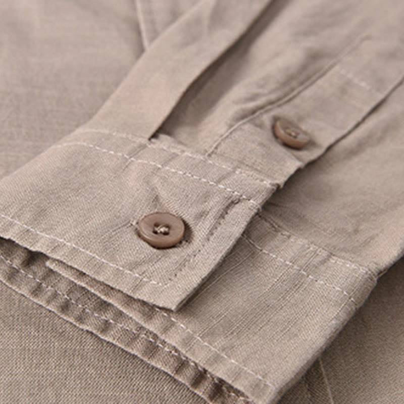 Nimara Ritual Men's Long Sleeve Stand Collar With Pocket Pure Color Casual Cotton Linen Shirt