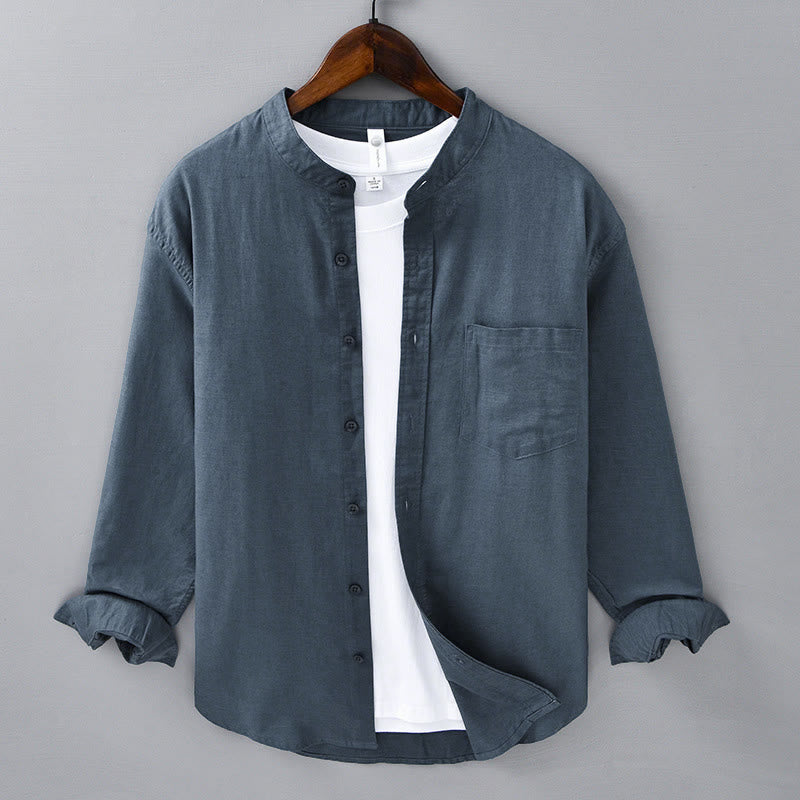 Nimara Ritual Men's Long Sleeve Stand Collar With Pocket Pure Color Casual Cotton Linen Shirt