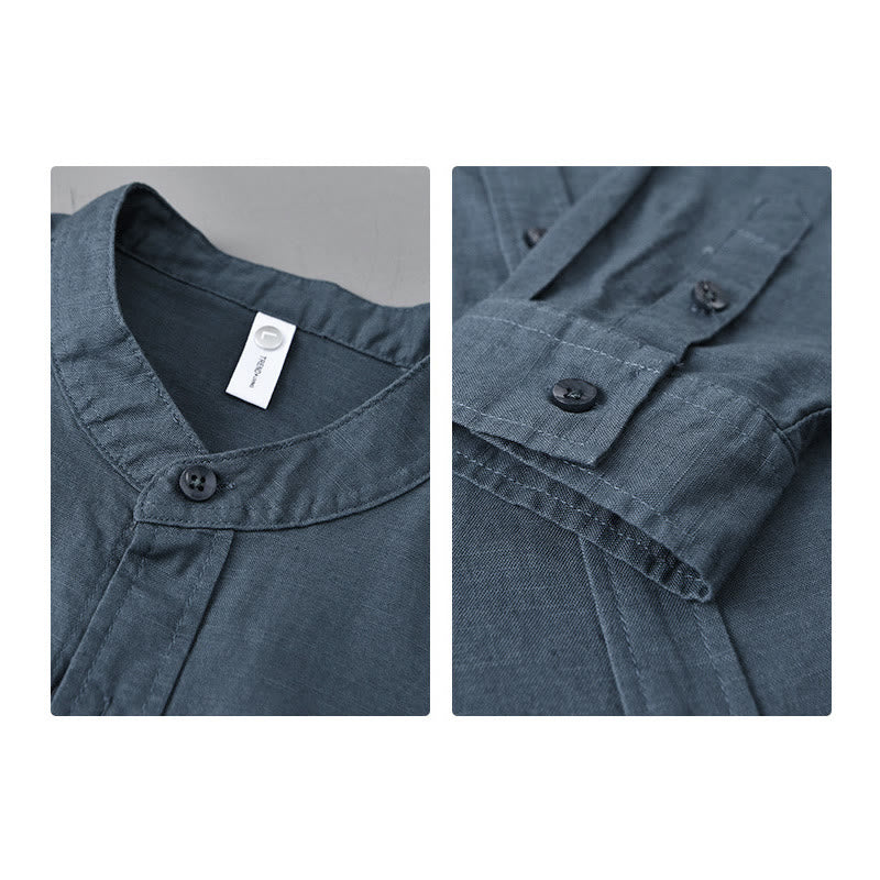 Nimara Ritual Men's Long Sleeve Stand Collar With Pocket Pure Color Casual Cotton Linen Shirt