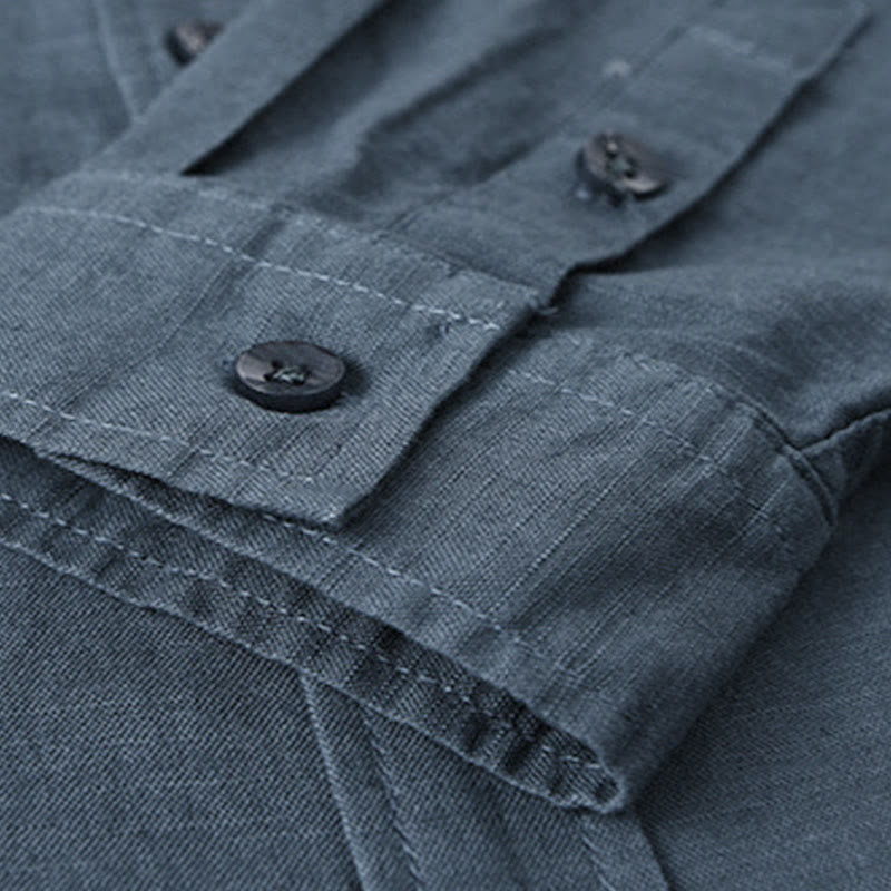 Nimara Ritual Men's Long Sleeve Stand Collar With Pocket Pure Color Casual Cotton Linen Shirt
