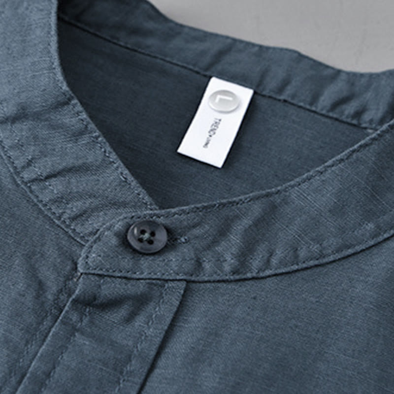 Nimara Ritual Men's Long Sleeve Stand Collar With Pocket Pure Color Casual Cotton Linen Shirt