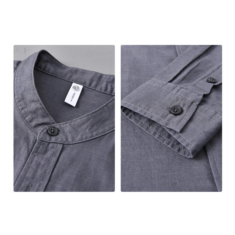 Nimara Ritual Men's Long Sleeve Stand Collar With Pocket Pure Color Casual Cotton Linen Shirt
