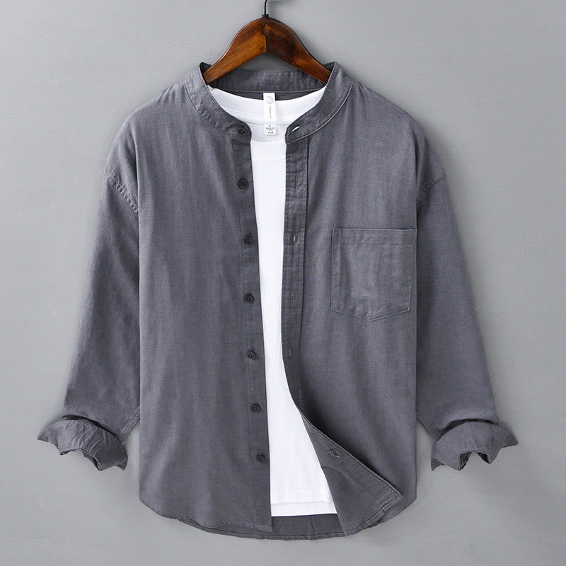Nimara Ritual Men's Long Sleeve Stand Collar With Pocket Pure Color Casual Cotton Linen Shirt