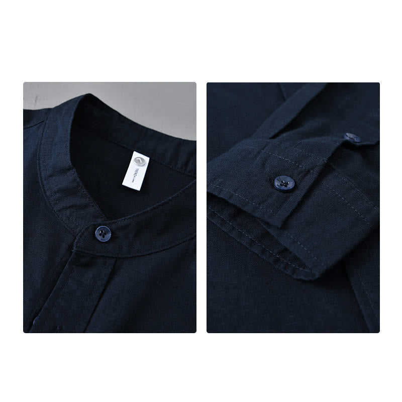 Nimara Ritual Men's Long Sleeve Stand Collar With Pocket Pure Color Casual Cotton Linen Shirt