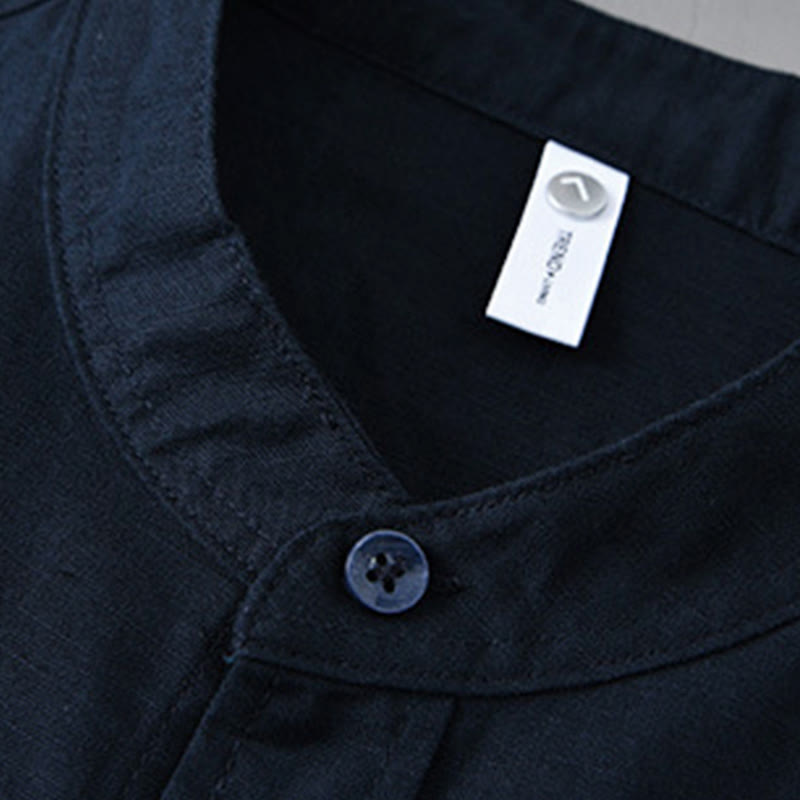 Nimara Ritual Men's Long Sleeve Stand Collar With Pocket Pure Color Casual Cotton Linen Shirt