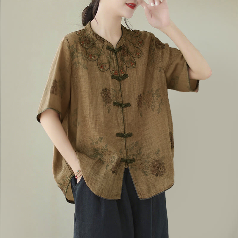 Nimara Ritual Purple Flower Print Frog-Button Design Shirt