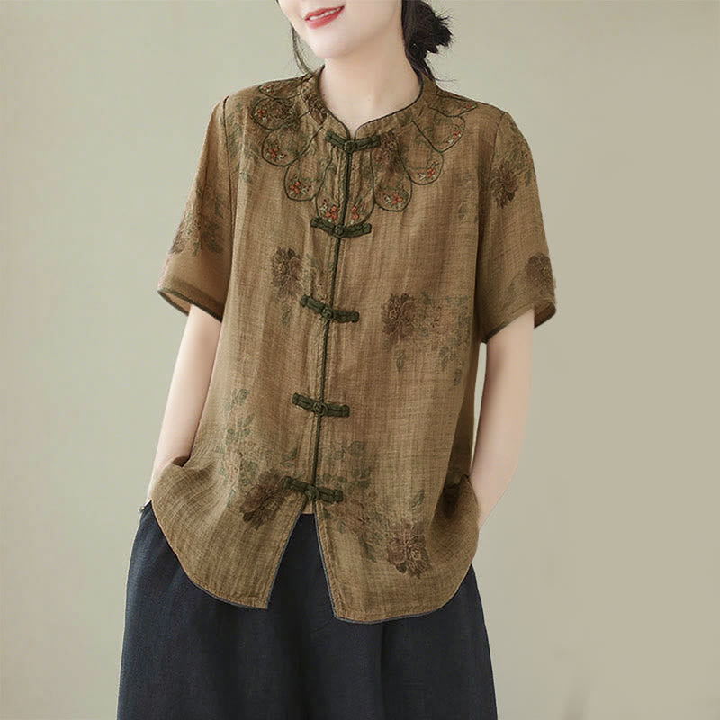 Nimara Ritual Purple Flower Print Frog-Button Design Shirt