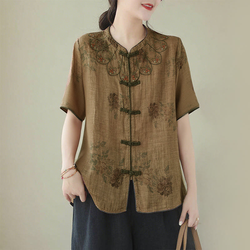 Nimara Ritual Purple Flower Print Frog-Button Design Shirt