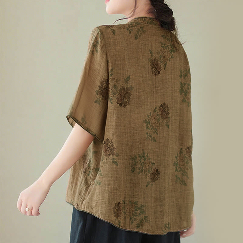 Nimara Ritual Purple Flower Print Frog-Button Design Shirt