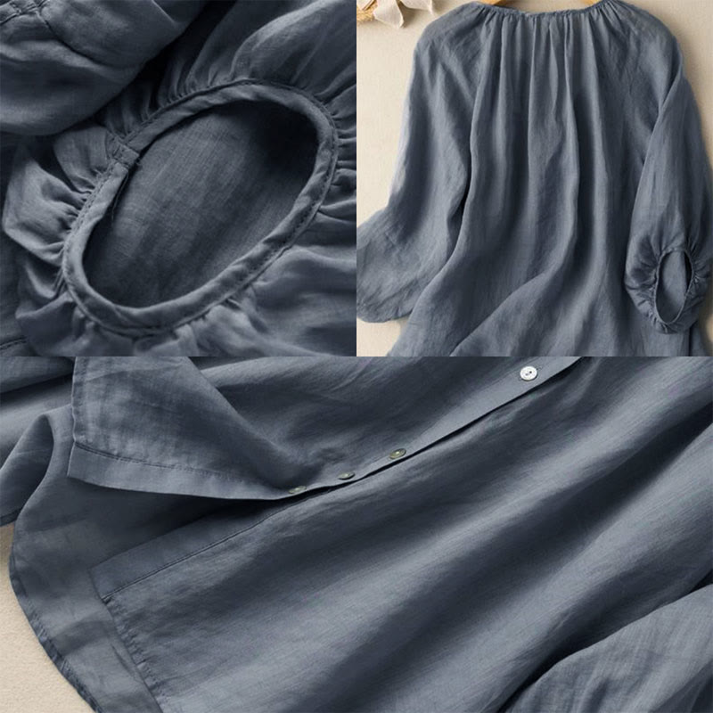 Nimara Ritual Vintage Button Three Quarter Puff Sleeve V-Neck Women's Shirt