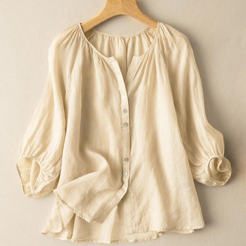 Nimara Ritual Vintage Button Three Quarter Puff Sleeve V-Neck Women's Shirt