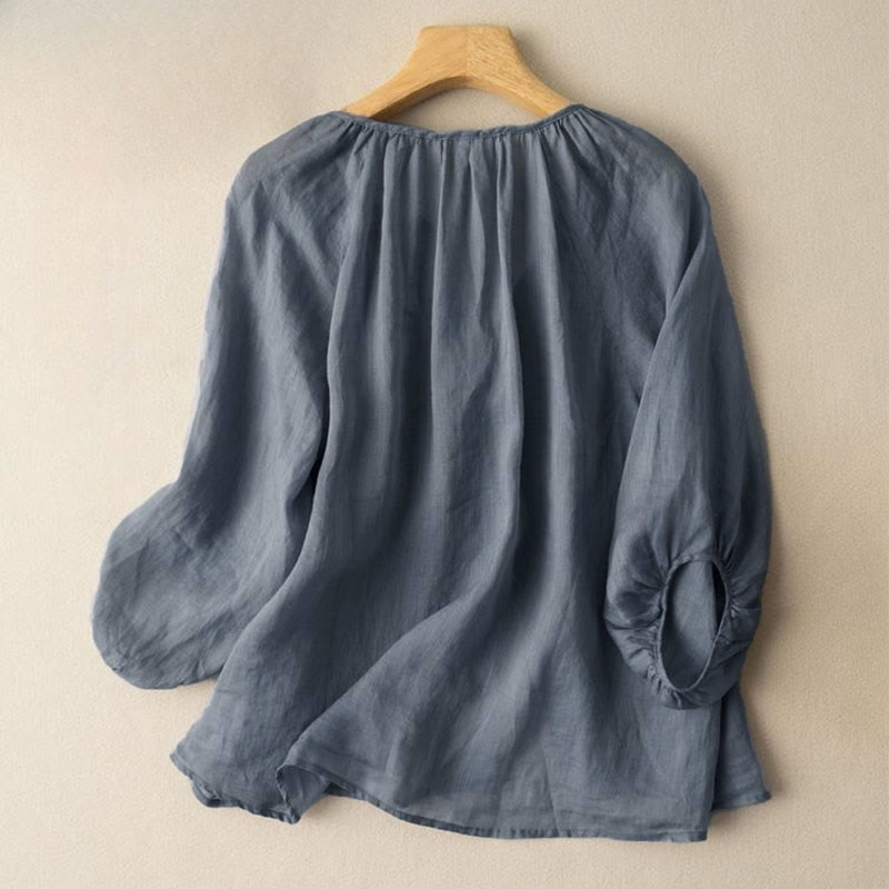 Nimara Ritual Vintage Button Three Quarter Puff Sleeve V-Neck Women's Shirt