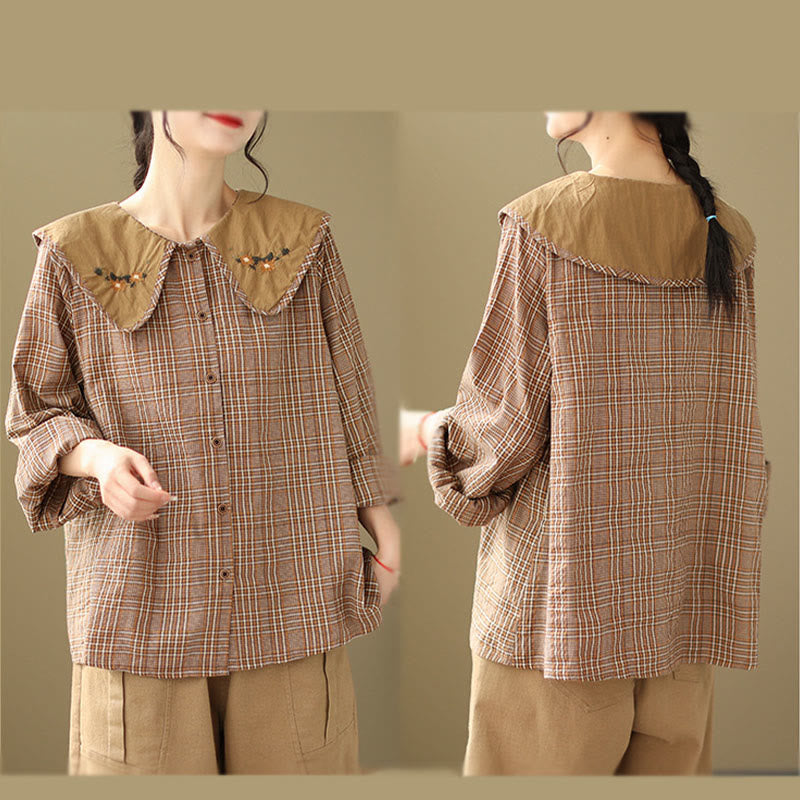 Nimara Ritual Embroidered Plaid Pattern Cotton Women's Shirt
