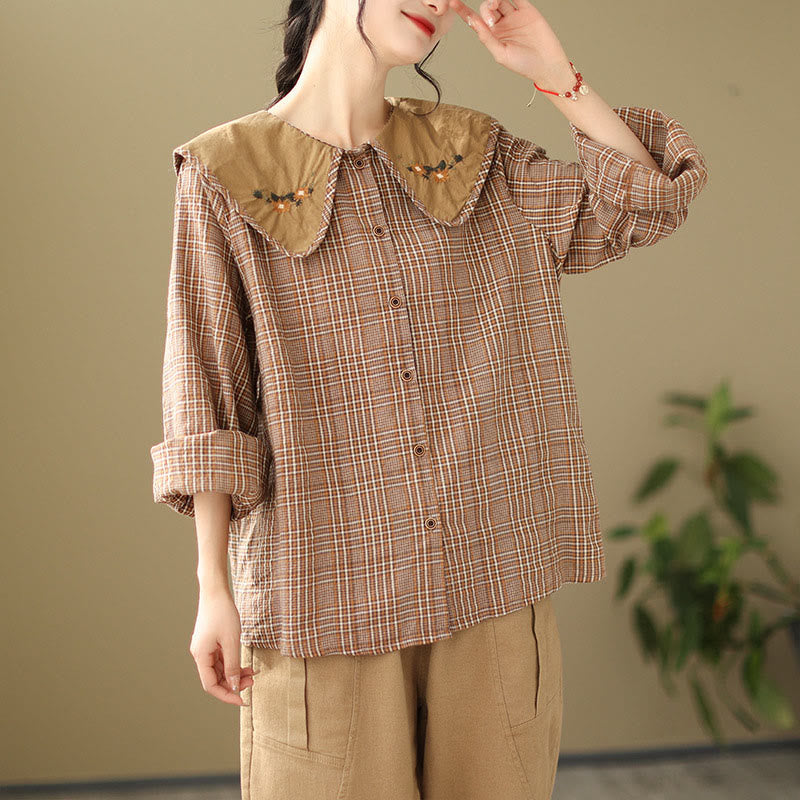 Nimara Ritual Embroidered Plaid Pattern Cotton Women's Shirt