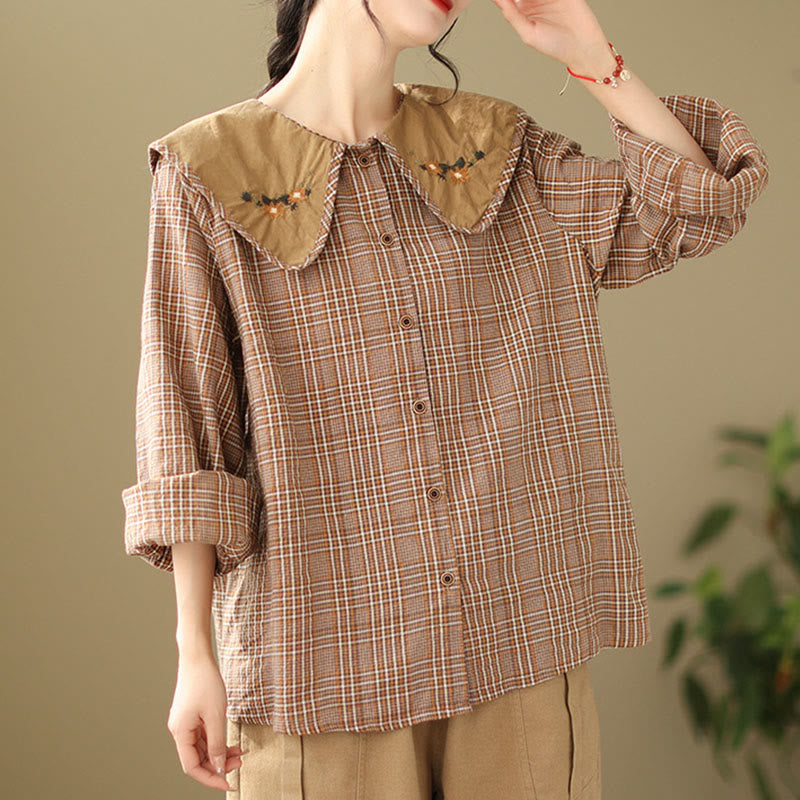 Nimara Ritual Embroidered Plaid Pattern Cotton Women's Shirt