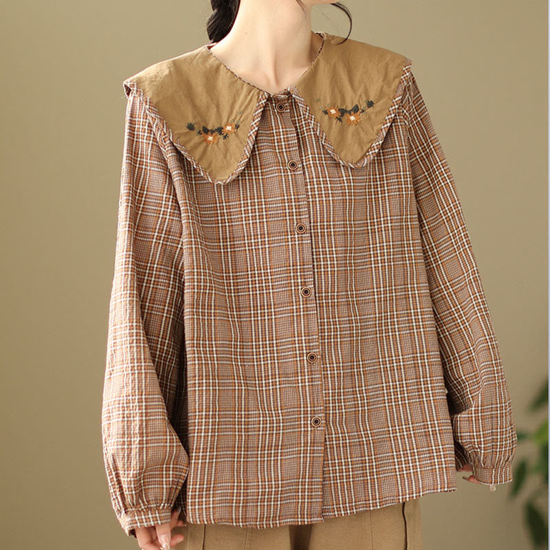 Nimara Ritual Embroidered Plaid Pattern Cotton Women's Shirt