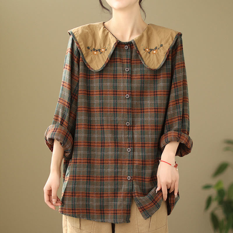 Nimara Ritual Embroidered Plaid Pattern Cotton Women's Shirt