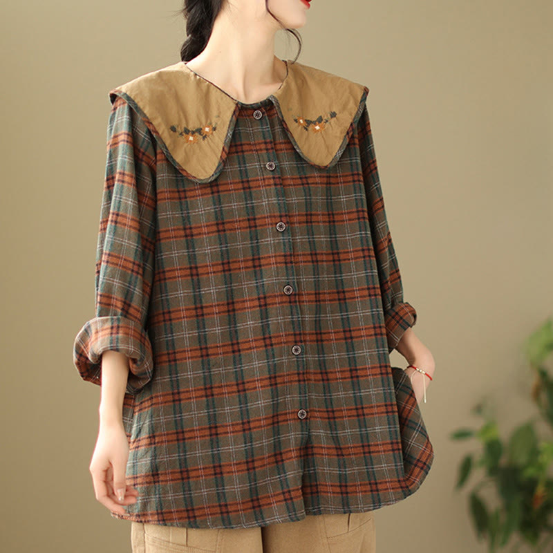 Nimara Ritual Embroidered Plaid Pattern Cotton Women's Shirt