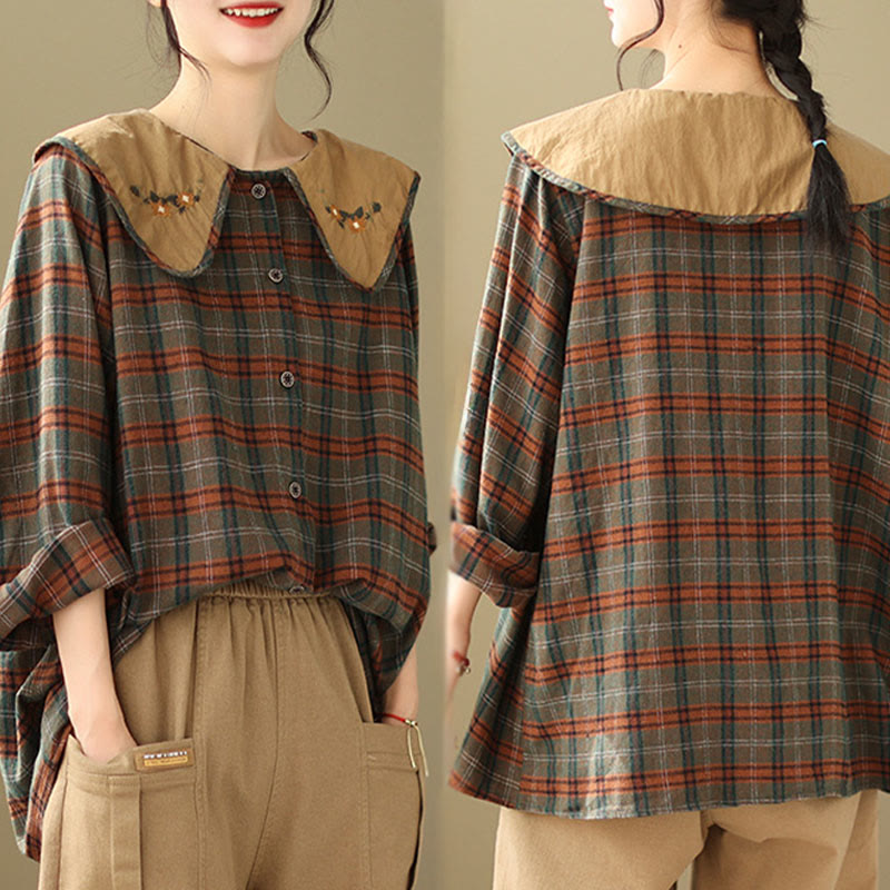 Nimara Ritual Embroidered Plaid Pattern Cotton Women's Shirt