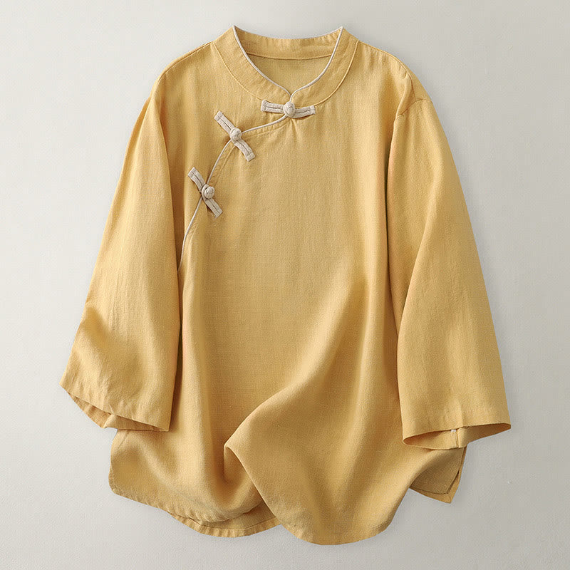 Nimara Ritual Plain Slanted Buttons Cotton Linen Women's Shirt