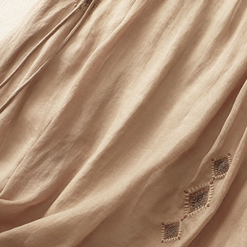 Nimara Ritual Ethnic Vintage Embroidery Button Design Women's Cotton Linen 7-8 Length Skirt